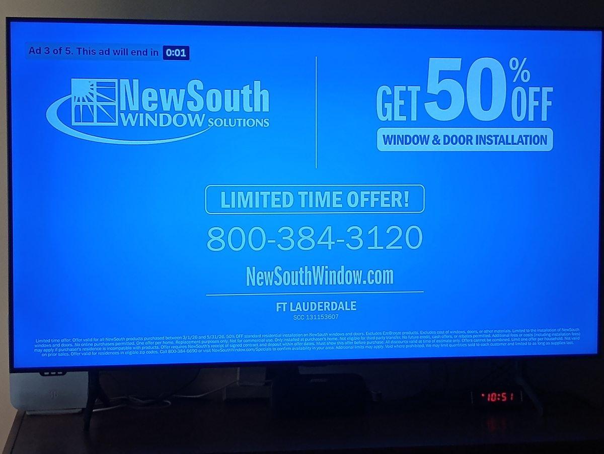 NewSouth Window Solutions cable television advertisement showing 50 percent off installation Fort Lauderdale Florida